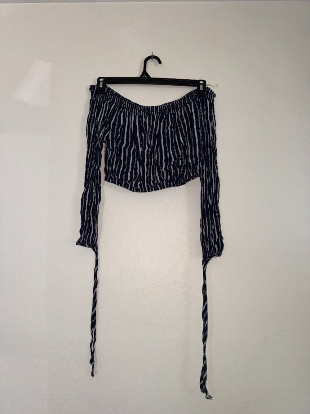 Navy Blue and White Striped Off the Shoulder Crop Top